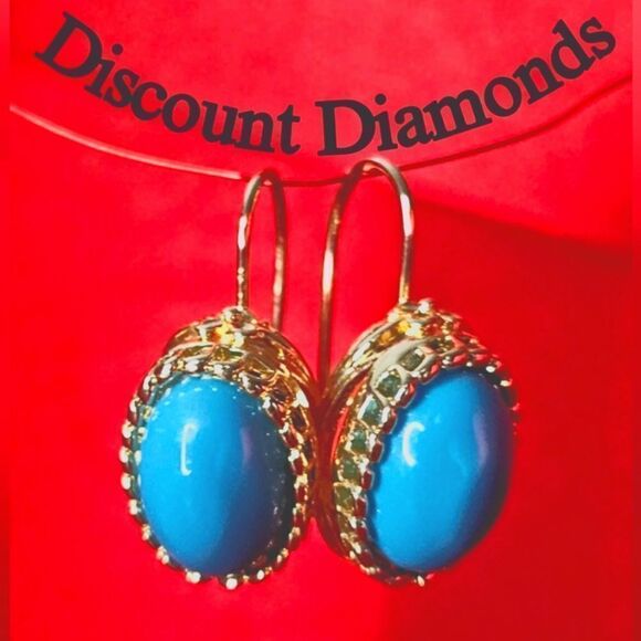 Oval Blue Turquoise Dangle Earrings 14K  Gold on 925 Sterling Silver Women's - Picture 1 of 8